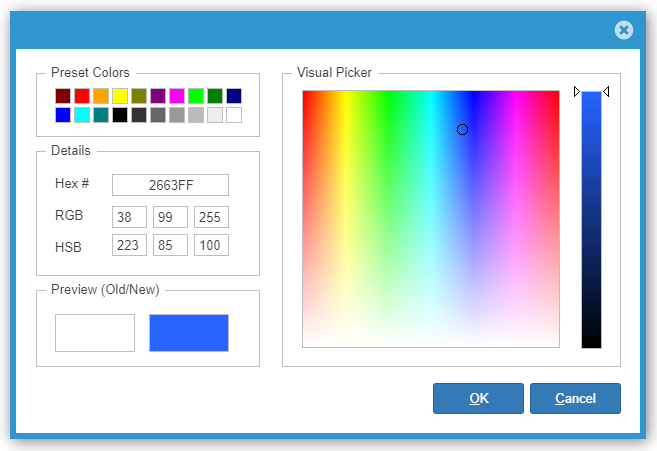 ColorDialog showing color selection options with hex, RGB, and HSB inputs
